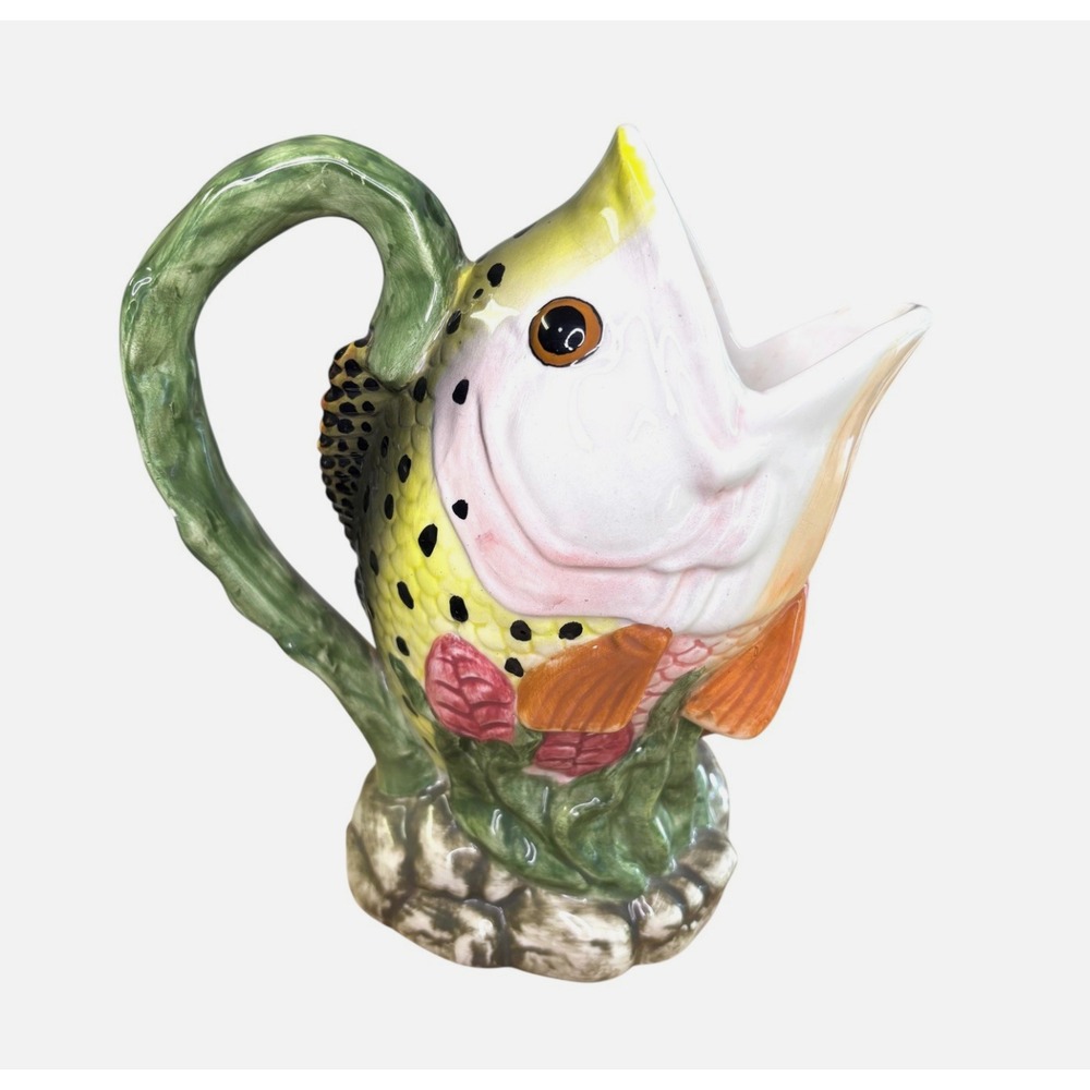 Vintage Majolica-Style Fish Head Vase Pitcher Painted Ceramic KOI CARP - Picture 2 of 4